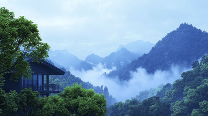 serene mountain landscape featuring lush greenery, misty peaks, and modern building. tranquil atmosphere invites relaxation and reflection