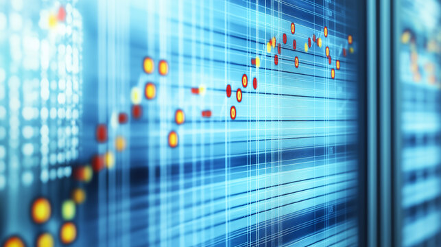 In a clean, modern laboratory, a scientist examines intricate data patterns on a digital screen. The vibrant display reveals essential information for ongoing scientific investigations