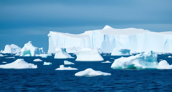 Floating icebergs ocean background. Deep blue arctic waters, sharp white glacier formations