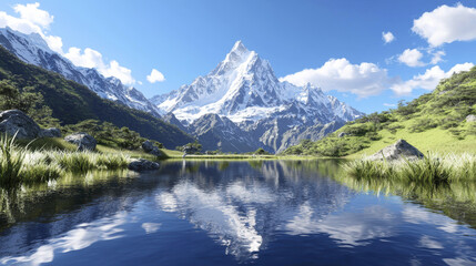 Fototapeta premium Majestic snowy mountain reflecting in serene lake surrounded by lush greenery. clear blue sky enhances tranquil atmosphere