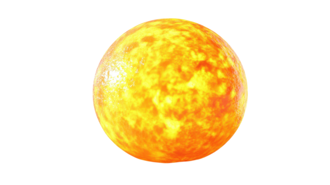 Bright glowing sun represented as a vibrant yellow sphere with textured surface reflecting light in space