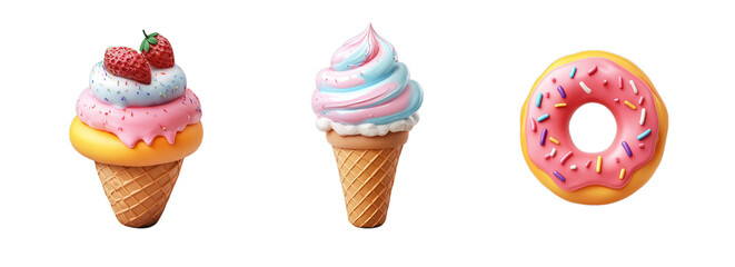 Colorful ice cream and donut with sprinkles on cones