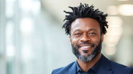 Naklejka premium Professional Portrait of Individual with Natural Hair in Modern Office Space Showcasing Commitment to Nonprofit Initiatives and Community Engagement
