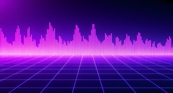 Digital wave spectrum background. Pulsing soundwave graph, neon purple and blue