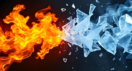 Fire and ice elemental clash background. Blazing flames and frozen shards colliding mid-air