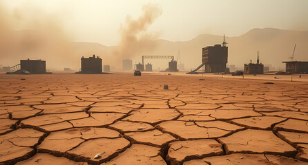Post-apocalyptic wasteland background. Cracked dry earth, abandoned buildings, dust storms