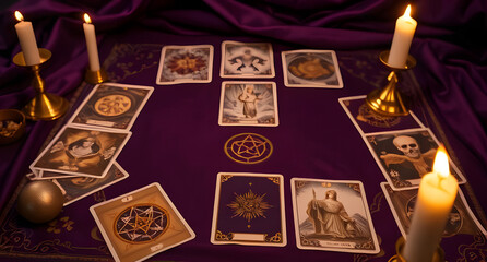Mystical tarot card spread background. Deep purple table, golden arcane symbols, flickering candlelight
