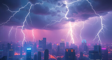 Electric storm over a cyberpunk skyline background. Neon city under chaotic lightning strikes