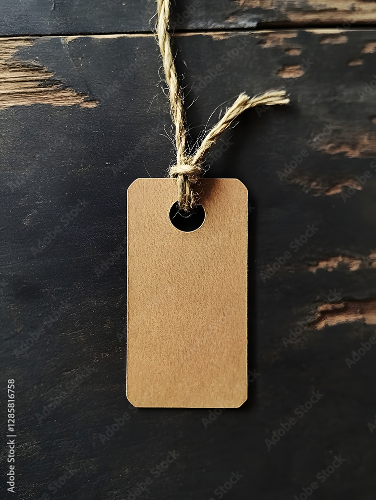 Poster eco friendly rustic blank tag with twine on vintage wooden surface : generative ai