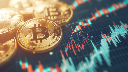 Golden bitcoin coins with blockchain digital chart in background, representing cryptocurrency market, investment, and financial trading concept