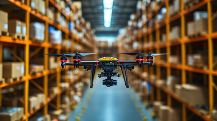 A drone view of an AI-managed warehouse factory optimizing real-time supply chain processes