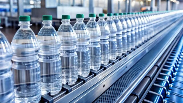 Assembly Line of Water Bottles Traveling on Conveyor Belt in Modern Beverage Factory - VDO
