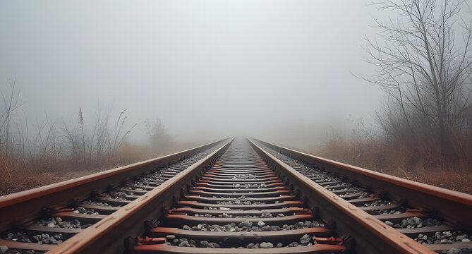 Rusty abandoned train tracks disappearing into the fog background. Forgotten path leading to mystery