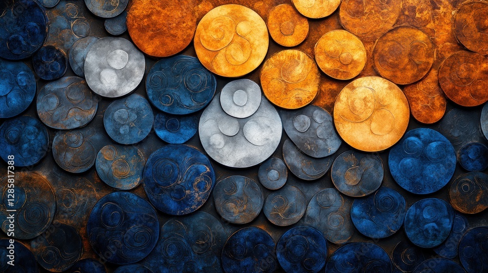 Poster Colorful Circular Patterns with Textures and Depth in Blue and Orange