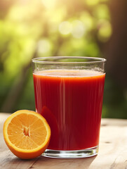 Refreshing Glass of Orange Juice with Slice on Wooden Table in Sunlit Garden : Generative AI