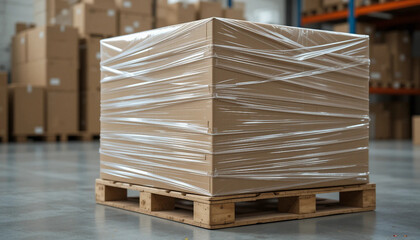 Shrink-wrapped boxes neatly stacked on a wooden pallet in a clean, organized warehouse. Suitable for marketing or business purposes. Panoramic banner with place for text