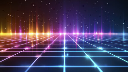 Vibrant neon lights create mesmerizing grid pattern in cosmic space