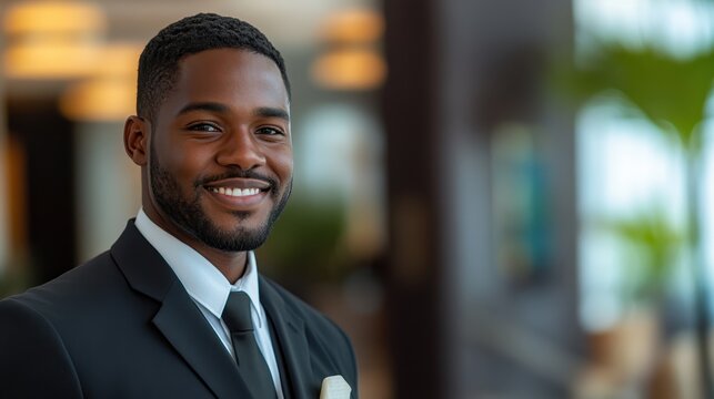 Professional Hotel Security Guard in Formal Attire Smiling and Ready to Assist Guests During a Busy Day at a Luxury Establishment