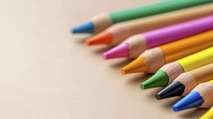 Obraz premium Colorful pencils arranged in row on beige background, perfect for creative projects