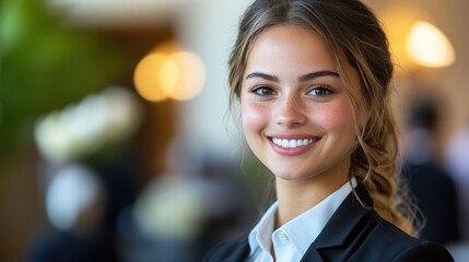 Obraz premium Bright and Welcoming Hotel Staff Member Smiling at Guests in a Luxurious Lobby Setting While Showcasing Excellent Guest Relations Skills