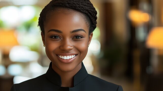 Professional hotel staff member smiling warmly while providing excellent guest relations service in a luxurious hotel lobby setting