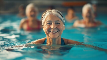 Obraz premium Seniors enjoying water aerobics class in community pool during afternoon