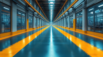 A futuristic clean manufacturing space where all operations are controlled via AI