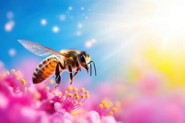Fototapeta premium Bee pollinating flowers sunny sky