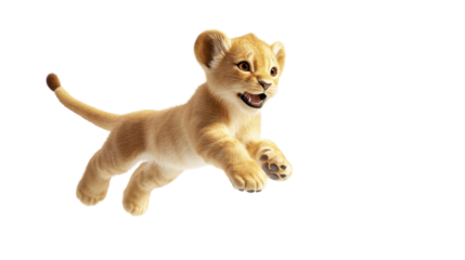 Playful lion cub leaps joyfully in a vibrant display of energy and curiosity during daylight hours
