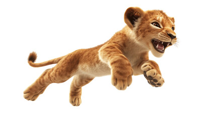 Young lion cub playfully leaps in mid-air showcasing its agility and energy in a playful moment