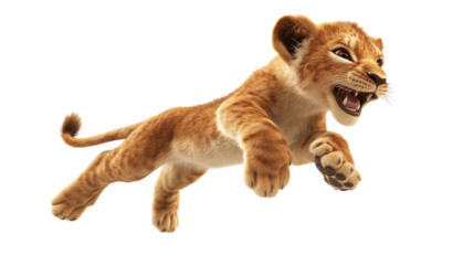 Young lion cub playfully leaps in mid-air showcasing its agility and energy in a playful moment