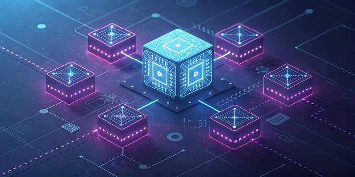 Abstract Digital Grid with Glowing Central Cube and Connecting Nodes