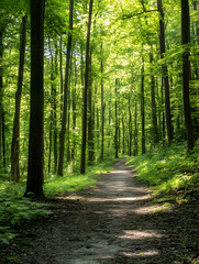 Obraz premium Serene forest pathway surrounded by lush green trees creating a peaceful nature retreat : Generative AI