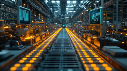 A futuristic factory floor with holographic control panels and AI-powered automation