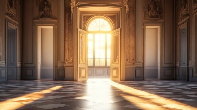 Sunlit Grandeur, An Open Doorway to Timeless Elegance and Radiant Illumination