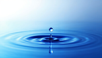 Una gota de agua que cae en un charco de agua, creando ondas, con un fondo degradado de blanco a azul