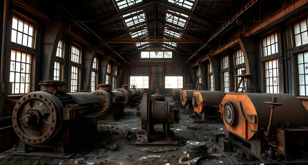 Fototapeta premium Rusty abandoned factory interior background. Decayed machinery covered in dust and corrosion