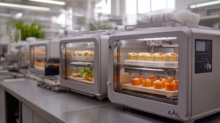 A futuristic food manufacturing plant using 3D printing to create customized meals