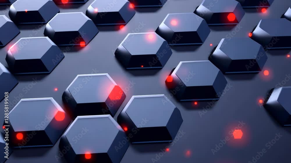 Poster a close up of a black and red hexagon. the red is glowing. there are many of these hexagons
