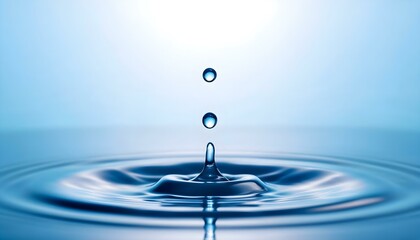 Una gota de agua que cae en un charco de agua, creando ondas, con un fondo degradado de blanco a azul