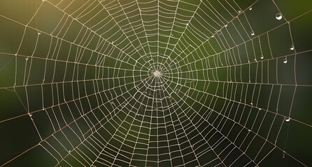Fototapeta premium Spiderweb with dewdrops background. Intricate silk strands reflecting morning light