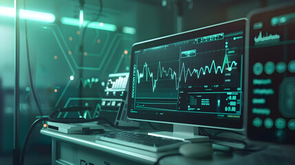 High-tech laboratory workspace with data analysis on screen and futuristic equipment in background