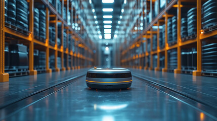 A futuristic robotic warehouse managing industrial raw materials with automated sorting