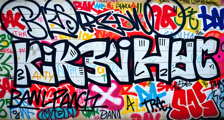 Graffiti-covered urban wall background. Colorful, chaotic street art patterns. Edgy and rebellious