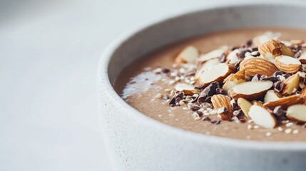Trendy smoothie bowl featuring crunchy cacao nibs, puffed quinoa, and toasted almonds for a delightful texture contrast