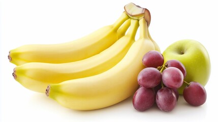 A still life composition of fresh and colorful fruits, including bananas, red grapes, and a green apple