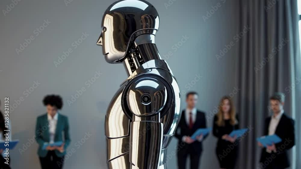 Poster metallic humanoid robot standing confidently during job interview, representing technological advanc