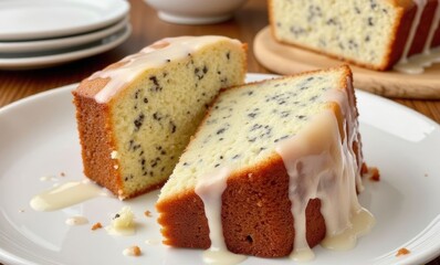 Moist lemon poppy seed cake slice