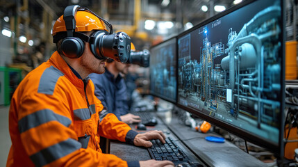 A group of engineers collaborating in a shared VR space to design a new industrial plant