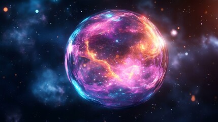 Fototapeta premium Glowing cosmic sphere with vibrant pink, orange, and blue nebula patterns floating in space